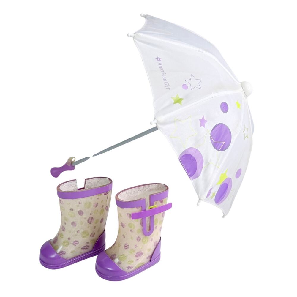 American Girl McKenna Rain Gear Umbrella Rubber Boots White Purple Accessories
